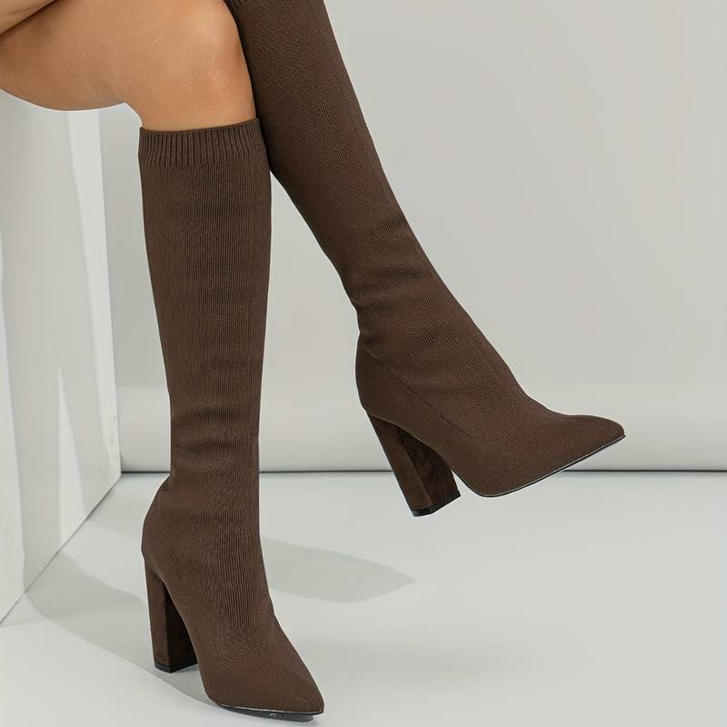 Haskella | Women’s Knee‑High Sock Boots – Stretch Knit & Block Heel - Image 4