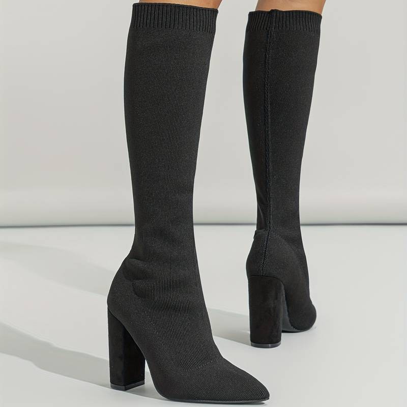 Haskella | Women’s Knee‑High Sock Boots – Stretch Knit & Block Heel - Image 5