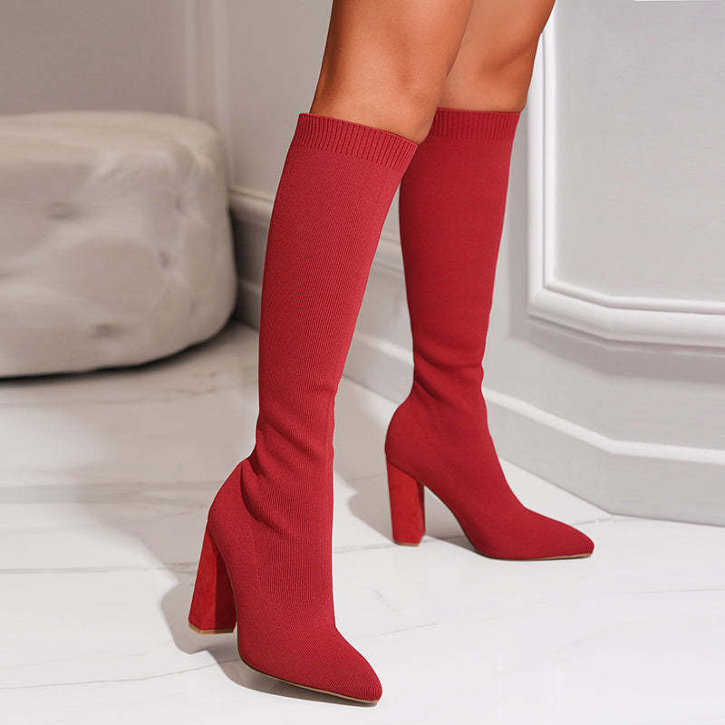 Haskella | Women’s Knee‑High Sock Boots – Stretch Knit & Block Heel - Image 7
