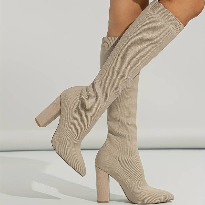 Haskella | Women’s Knee‑High Sock Boots – Stretch Knit & Block Heel - Image 8