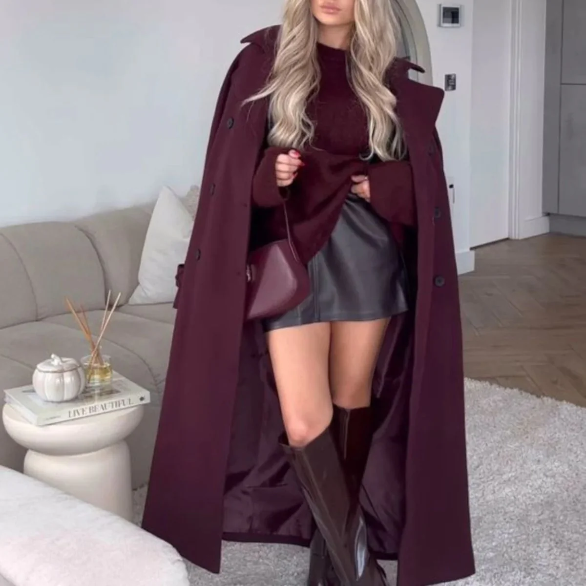 Jhoana | Women’s Elegant Bordeaux Trench Coat with Belt - Image 5