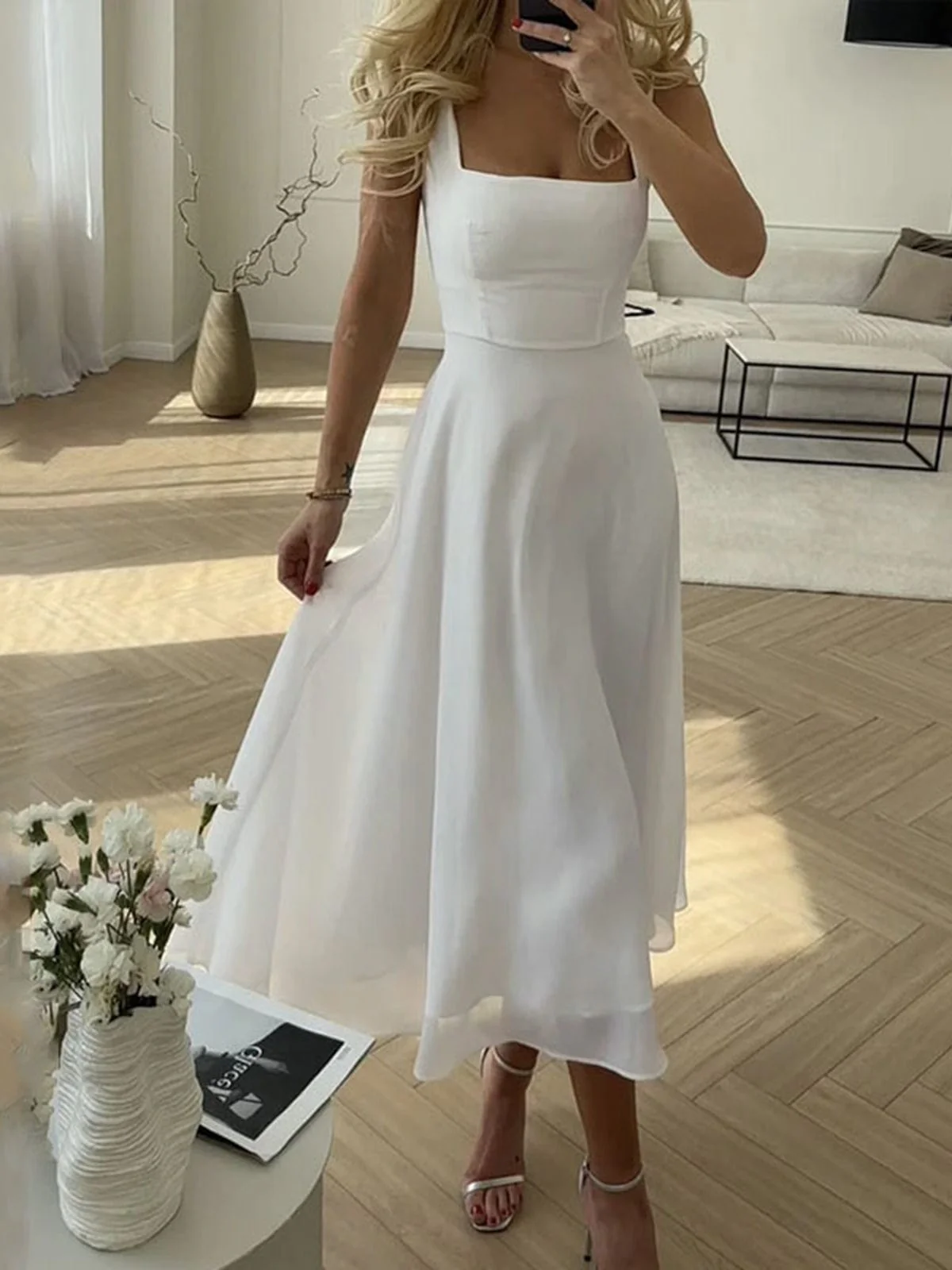 Marcia | Classic Summer Dress with Square Neck – Feminine Elegance