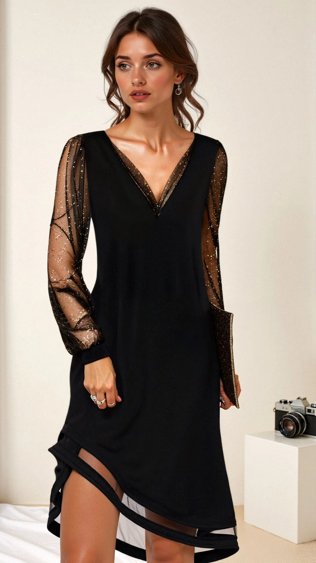 Mikha | Women’s Elegant Lace V-Neck Dress with Shimmer Sleeves - Image 2