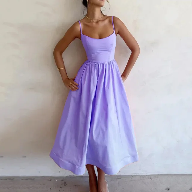 Rosalie | Pastel Pink Midi Dress with Spaghetti Straps - Image 2