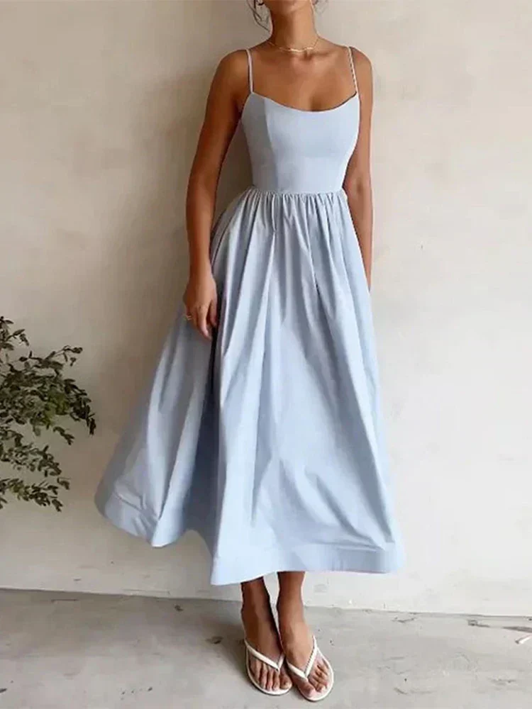 Rosalie | Pastel Pink Midi Dress with Spaghetti Straps - Image 4