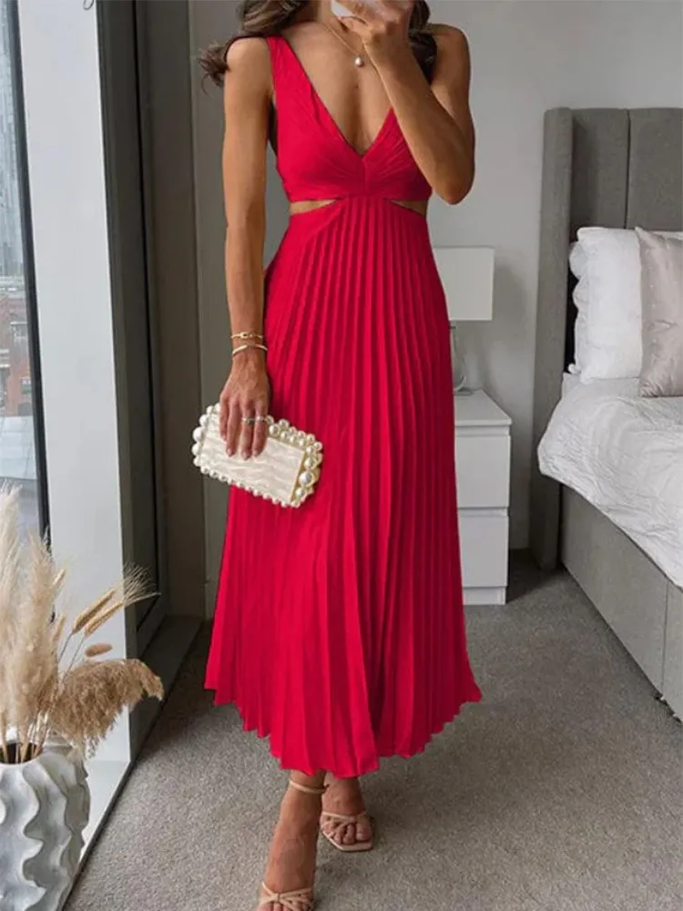 Valen | Women’s Elegant V-Neck Pleated Skirt Dress - Image 6