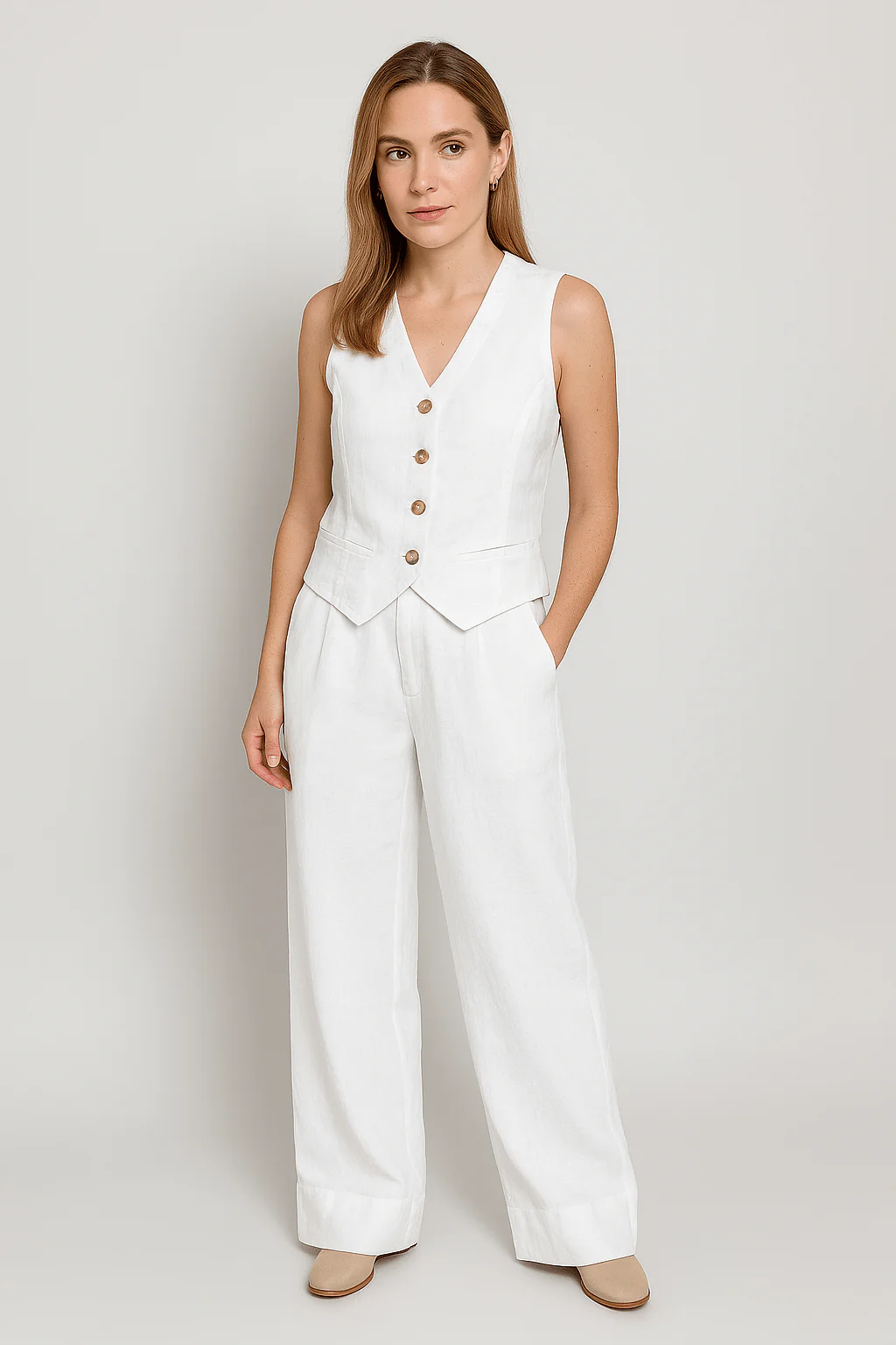 Yveline | Women’s Linen Vest & Wide‑Leg Trousers Set - Image 4